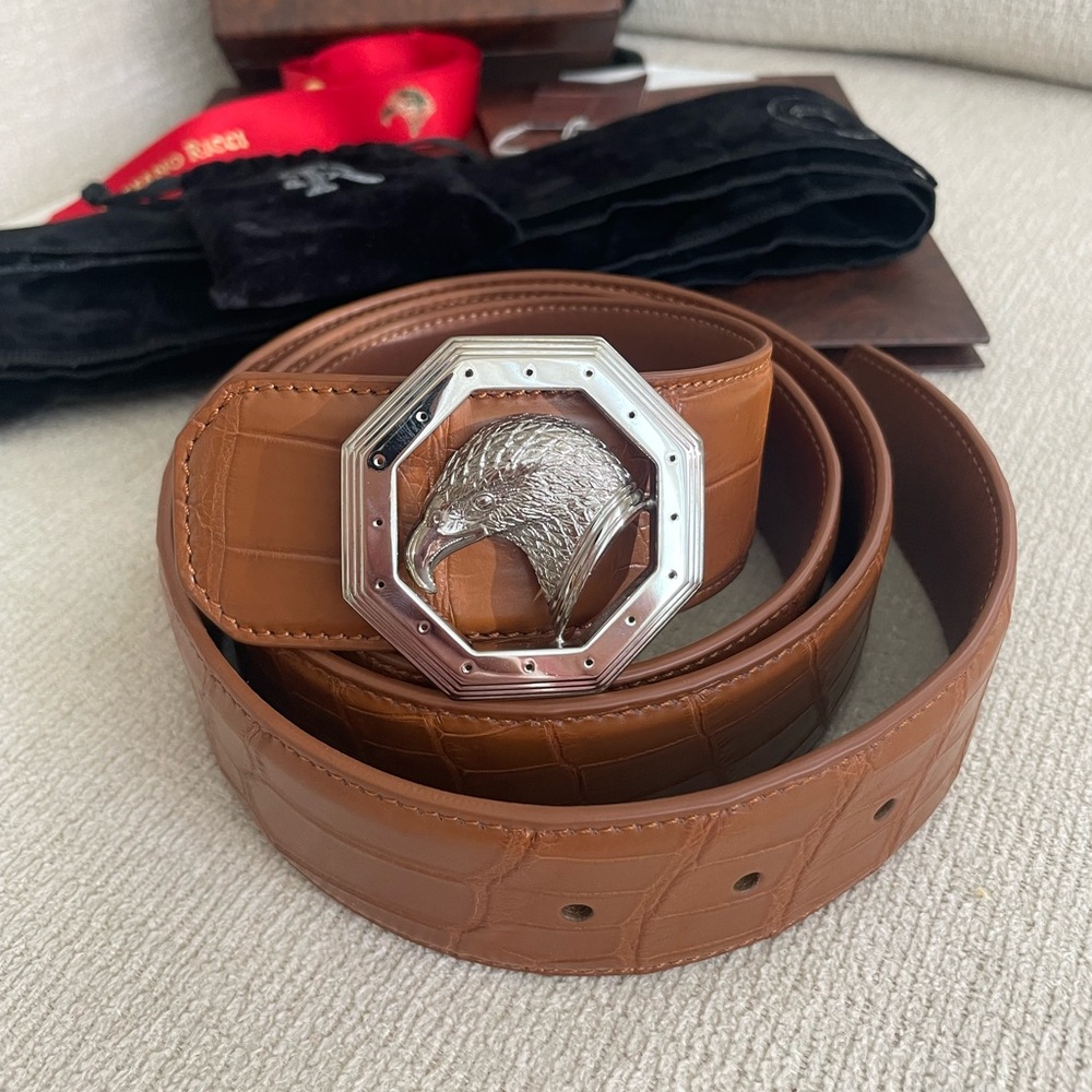 100% BNWT Authentic Stefano Ricci Honey Brown Crocodile Belt, Size 115
